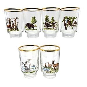 Vintage Ruhrglas Germany Wildlife Shot Glasses Set 6 Gold Rim MCM Wild Game